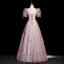 Bling Bling Sky Blue Ruffle Beading Prom Dresses 2023 A-Line / Princess Square Neckline Short Sleeve Backless Floor-Length / Long Prom Formal Dresses
