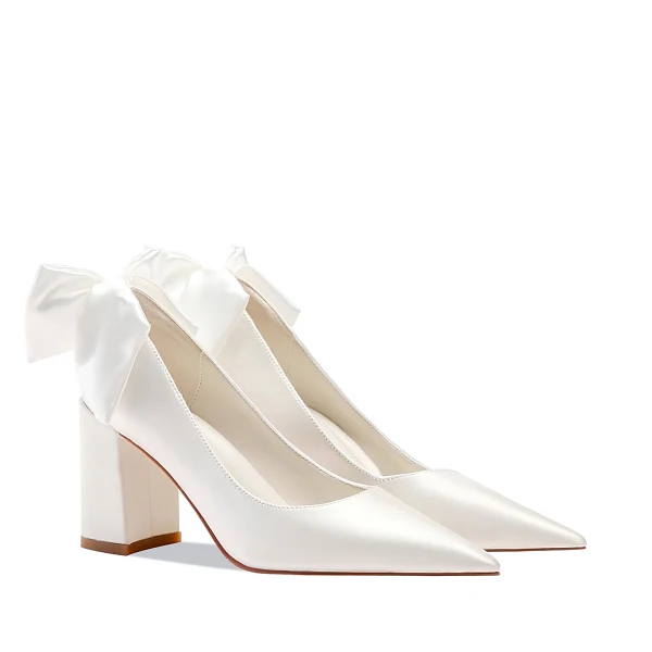 Elegante Weiß Leder Satin Schleife Brautschuhe 2023 7 cm Thick Heels Spitzschuh Hochzeit Pumps Hochhackige