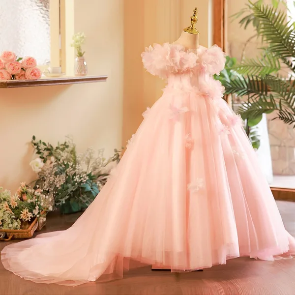 Lovely Blushing Pink Appliques Birthday Flower Girl Dresses 2025 Ball Gown Scoop Neck Short Sleeve Backless Sweep Train Tulle Flower Girl Dresses