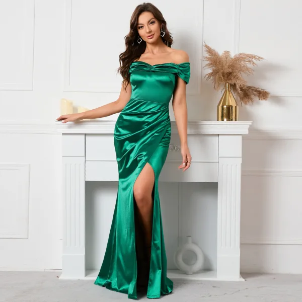 Chic / Beautiful Green Split Front Evening Dresses 2022 Trumpet / Mermaid Off-The-Shoulder Short Sleeve Backless Floor-Length / Long Evening Party Formal Dresses