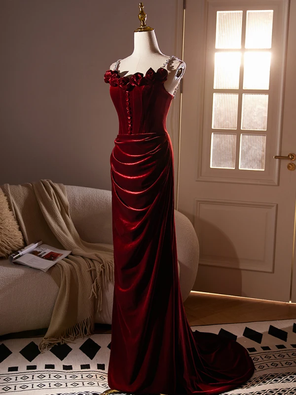 Chic / Beautiful Burgundy Flower Velvet Formal Dresses 2024 Trumpet / Mermaid Spaghetti Straps Sleeveless Backless Sweep Train Evening Party Evening Dresses