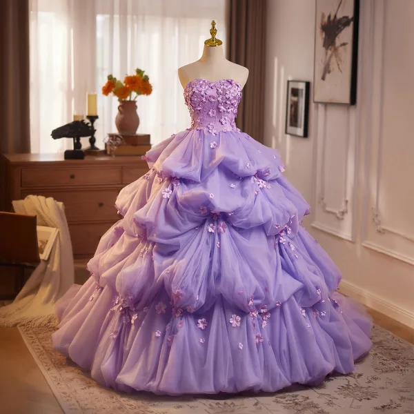 Luxury / Gorgeous Lavender Pearl Appliques Cascading Ruffles Prom Dresses  2026 Ball Gown Strapless Sleeveless Backless Floor-Length / Long Formal  Dresses