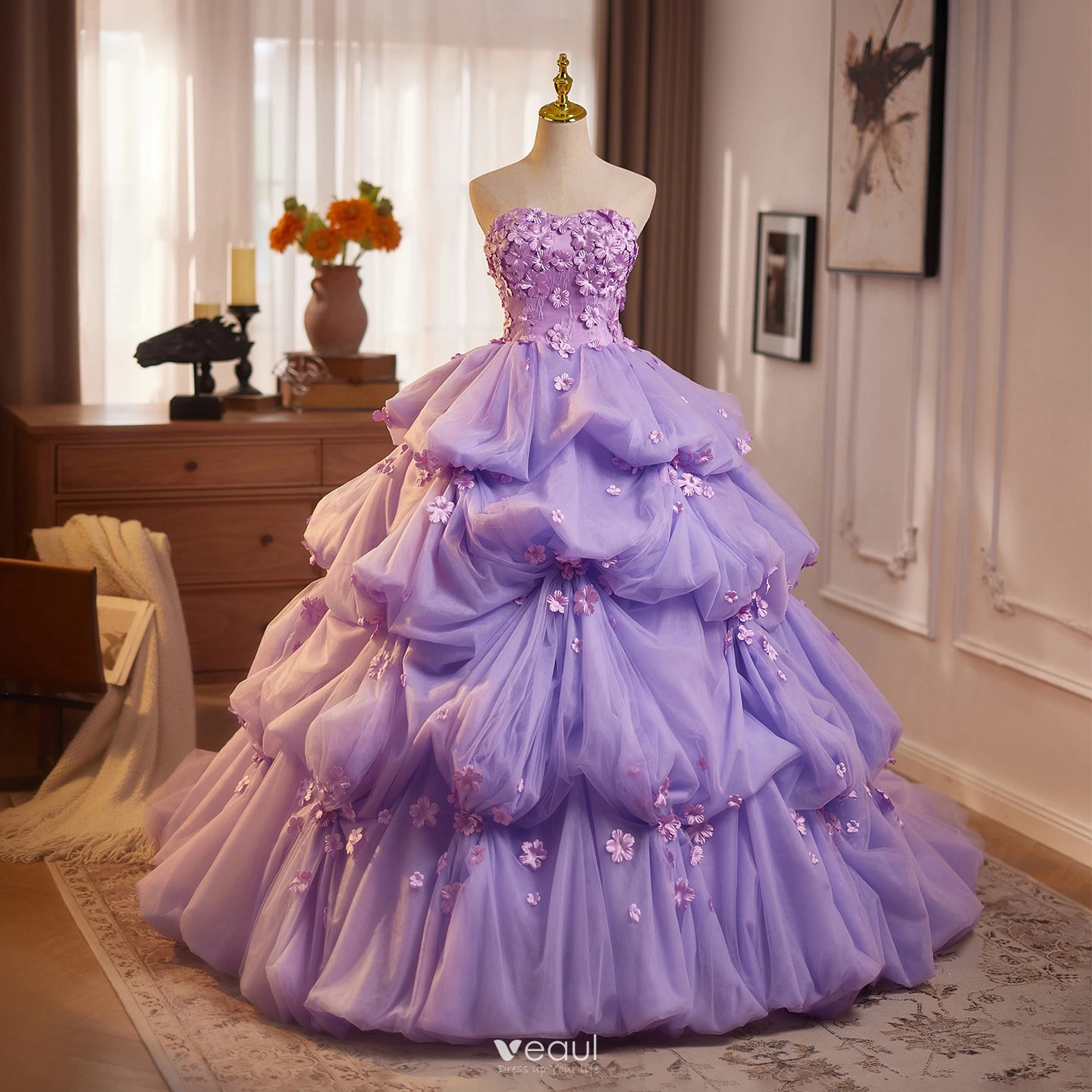 lavender long formal dress Tulle Sequin Ruffle Tiered Lavender Long Prom Dress PSK543 US2 / Custom Color main image 0