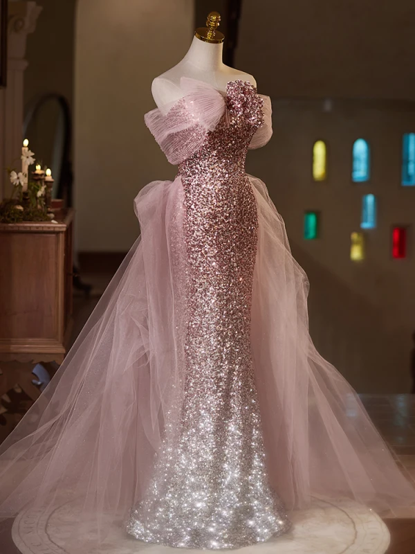 Glitzernden Rosa Pailletten Ballkleider 2024 Meerjungfrau Off Shoulder Kurze Ärmel Rückenfreies Sweep / Pinsel Zug Ball Festliche Kleider