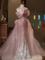 Glitzernden Rosa Pailletten Ballkleider 2024 Meerjungfrau Off Shoulder Kurze Ärmel Rückenfreies Sweep / Pinsel Zug Ball Festliche Kleider