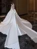 Vintage / Retro Ivory Beading Sequins Satin Wedding Dresses 2024 Ball Gown Square Neckline Long Sleeve Backless Bow Royal Train Wedding
