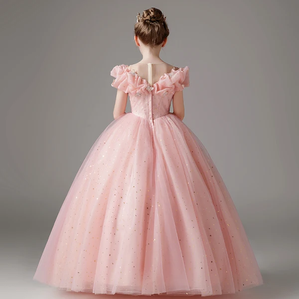 Chic / Beautiful Blushing Pink Sequins Flower Girl Dresses 2023 Ball Gown Off-The-Shoulder Short Sleeve Floor-Length / Long Prom