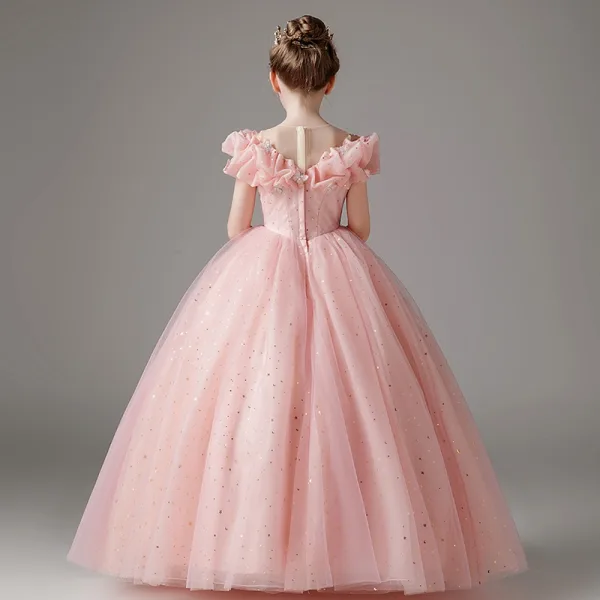 Chic / Beautiful Blushing Pink Lace Butterfly Sequins Birthday Flower Girl Dresses 2024 Ball Gown Scoop Neck Short Sleeve Floor-Length / Long Tulle