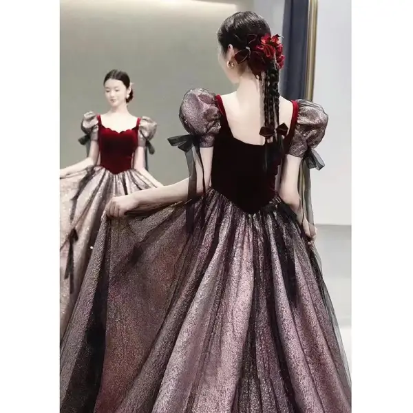 Elegant Burgundy Suede Prom Dresses 2023 A-Line / Princess Square Neckline Short Sleeve Backless Floor-Length / Long Prom Formal Dresses