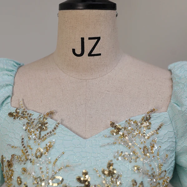 Elegant Mint Green Beading Sequins Prom Dresses 2023 Ball Gown Square Neckline Short Sleeve Backless Floor-Length / Long Prom Formal Dresses
