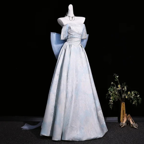Vintage / Retro Sky Blue Printing Prom Dresses 2026 Ball Gown Off-The-Shoulder Short Sleeve Backless Bow Floor-Length / Long Formal Dresses