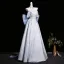Vintage / Retro Sky Blue Printing Prom Dresses 2026 Ball Gown Off-The-Shoulder Short Sleeve Backless Bow Floor-Length / Long Formal Dresses