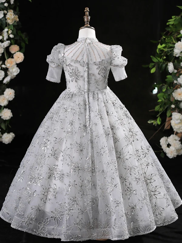 Chic / Beautiful Grey Beading Sequins Pearl Lace Flower Birthday Flower Girl Dresses 2024 A-Line / Princess High Neck Short Sleeve Floor-Length / Long