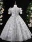 Chic / Beautiful Grey Beading Sequins Pearl Lace Flower Birthday Flower Girl Dresses 2024 A-Line / Princess High Neck Short Sleeve Floor-Length / Long
