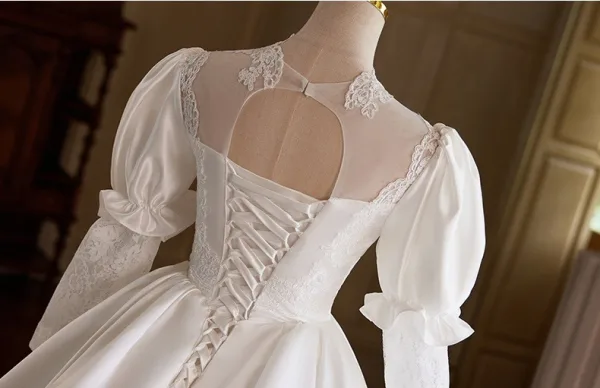 Vintage / Retro Medieval White Lace Flower Satin Wedding Dresses 2025 Ball Gown High Neck Long Sleeve Backless Court Train