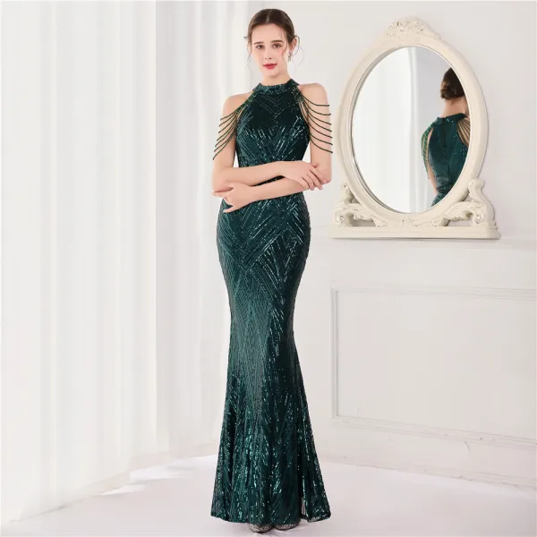 Charming Black Sequins Evening Dresses 2022 Trumpet / Mermaid Scoop Neck Beading Tassel Sleeveless Floor-Length / Long Evening Party Formal Dresses