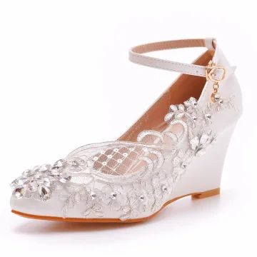 Mode Blanche Faux Diamant Paillettes En Dentelle Fleur Chaussure De Mariée 2023 Bride Cheville 8 Cm Compensées À Bout Pointu Mariage Bottes