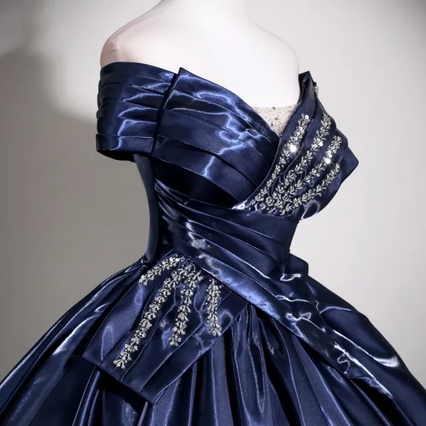 Vintage / Retro Navy Blue Beading Prom Dresses 2025 Ball Gown Off-The-Shoulder Sleeveless Backless Floor-Length / Long Formal Dresses