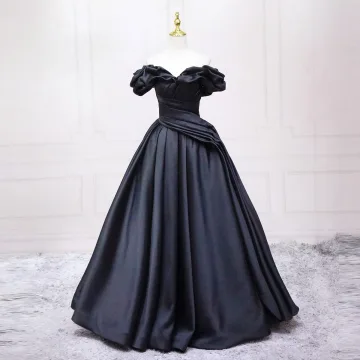 Eleganckie Czarne Sukienki Na Bal 2025 Suknia Balowa Przy Ramieniu Bufiasta Kótkie Rękawy Bez Pleców Długie Bal Sukienki Wizytowe