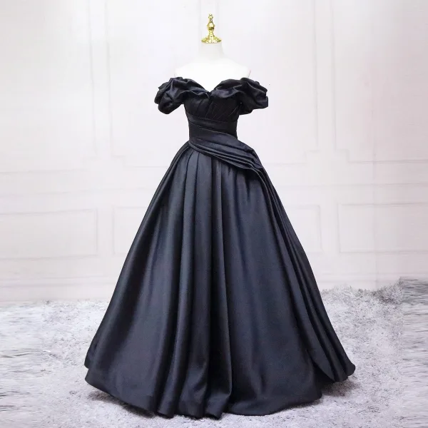 2025 black prom dresses Black Satin A-Line Prom Dresses 2025 with Necklace & Halter Neck – FD5 –  Viniodress main image 0