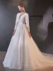 Elegant White Lace Flower Wedding Dresses 2024 A-Line / Princess Deep V-Neck Long Sleeve Backless Floor-Length / Long Wedding