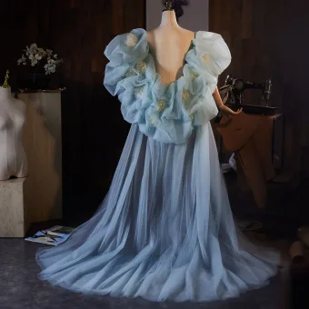 Mode Bleu Ciel Fait Main Appliques Promo Châle 2026 Gonflée Manches Courtes Tulle