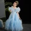 Fashion Sky Blue Sequins Lace Flower Ruffle Birthday Flower Girl Dresses 2024 Ball Gown Scoop Neck Short Sleeve Floor-Length / Long