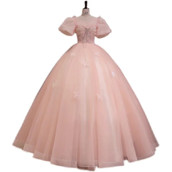 Chic / Belle Rougissant Rose Robe De Bal 2022 Robe Boule Encolure Dégagée Gonflée Manches Courtes Perlage Perle Faux Diamant Dos Nu Longue Robe De Ceremonie