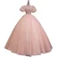 Chic / Belle Rougissant Rose Robe De Bal 2022 Robe Boule Encolure Dégagée Gonflée Manches Courtes Perlage Perle Faux Diamant Dos Nu Longue Robe De Ceremonie