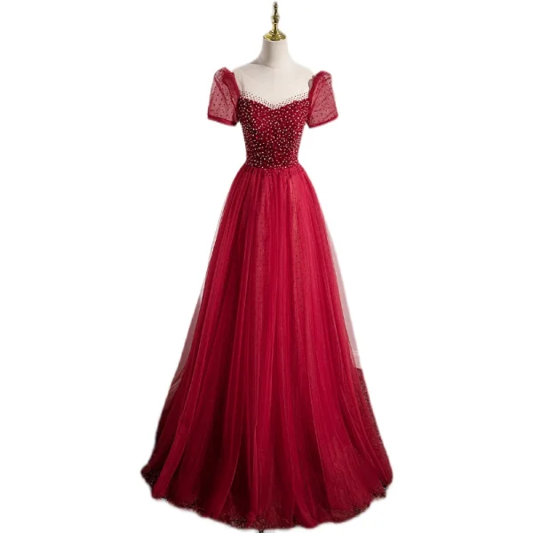 Chic / Belle Bordeaux Perlage Paillettes Robe De Bal 2022 Princesse Encolure Dégagée Manches Courtes Dos Nu Longue Promo Robe De Ceremonie