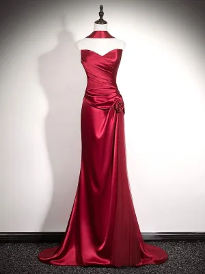 Modest Simple Burgundy Satin Evening Dresses 2026 Trumpet Mermaid Strapless Sleeveless Backless Sweep Train Formal Dresses