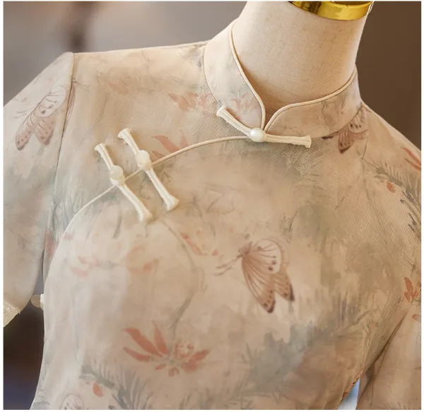 Chinese style Beige Printing Tea-length Cheongsam 2025 Trumpet / Mermaid High Neck Short Sleeve Evening Party Cheongsam / Qipao