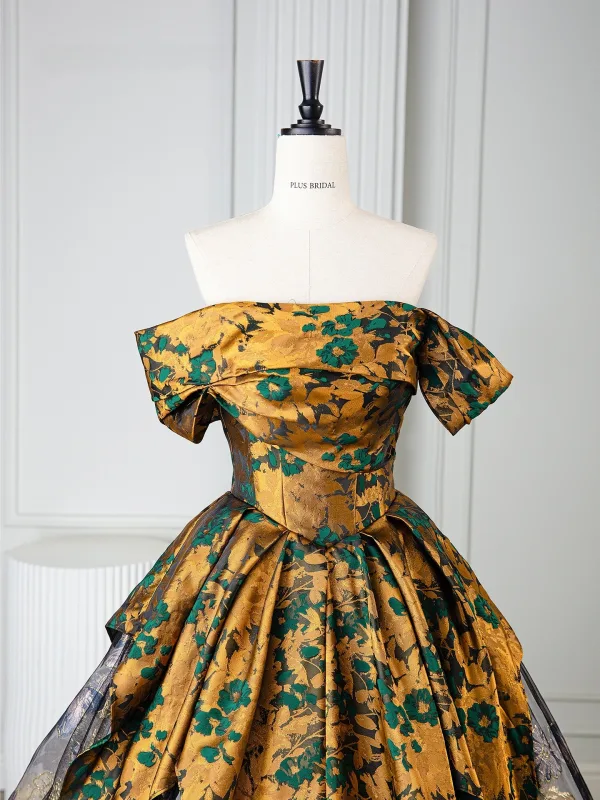 Vintage / Retro Tan Printing Prom Dresses 2025 Ball Gown Off-The-Shoulder Short Sleeve Backless Floor-Length / Long Formal Dresses