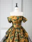 Vintage / Retro Tan Printing Prom Dresses 2025 Ball Gown Off-The-Shoulder Short Sleeve Backless Floor-Length / Long Formal Dresses