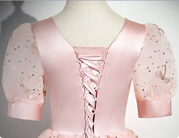 Chic / Belle Rougissant Rose Paillettes Robe De Bal 2024 Princesse Encolure Carrée Manches Courtes Dos Nu Longue Promo Robe De Ceremonie