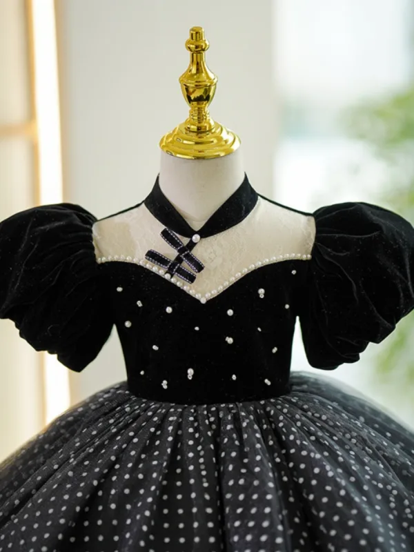 Audrey Hepburn Style Black Birthday Pearl Spotted Flower Girl Dresses 2023 Ball Gown High Neck Puffy Short Sleeve Short