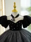 Audrey Hepburn Style Black Birthday Pearl Spotted Flower Girl Dresses 2023 Ball Gown High Neck Puffy Short Sleeve Short