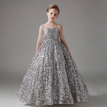 Sparkly Silver Beading Sequins Birthday Flower Girl Dresses 2024 Ball Gown Scoop Neck Sleeveless Backless Floor Length Long