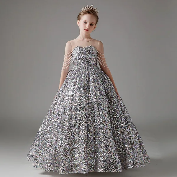 Sparkly Silver Beading Sequins Birthday Flower Girl Dresses 2024 Ball Gown  Scoop Neck Sleeveless Backless Floor-Length / Long