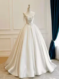Unique Kristall Ivory / Creme Satin Brautkleider 2025 A Linie U-Ausschnitt Perlenstickerei Gekreuzte Träger Sweep / Pinsel Zug Ärmellos