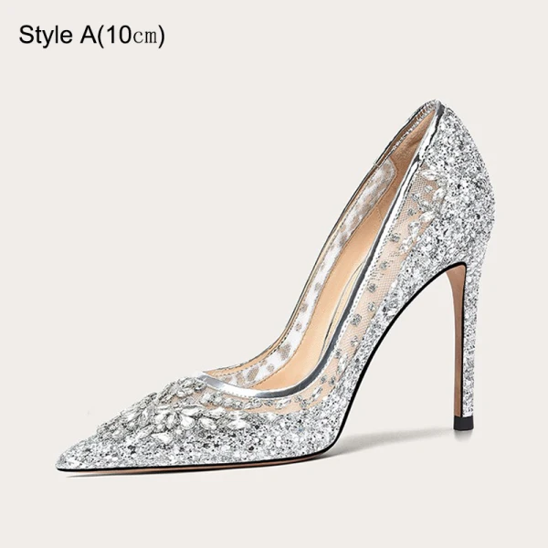 Sparkly Sexy Silver Rhinestone Sequins Wedding Shoes 2023 Leather 10 cm Stiletto Heels Pointed Toe Wedding Shoes High Heels