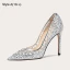Sparkly Sexy Silver Rhinestone Sequins Wedding Shoes 2023 Leather 10 cm Stiletto Heels Pointed Toe Wedding Shoes High Heels