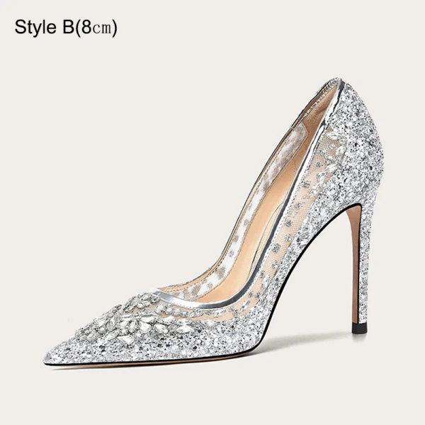 Sparkly Sexy Silver Rhinestone Sequins Wedding Shoes 2023 Leather 10 cm Stiletto Heels Pointed Toe Wedding Shoes High Heels