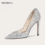 Sparkly Sexy Silver Rhinestone Sequins Wedding Shoes 2023 Leather 10 cm Stiletto Heels Pointed Toe Wedding Shoes High Heels