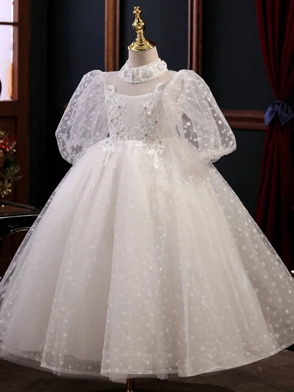 Chic / Beautiful White Spotted Lace Flower Flower Girl Dresses 2022 Ball Gown High Neck Beading Pearl Appliques Short Sleeve Floor-Length / Long Prom Flower Girl Dresses