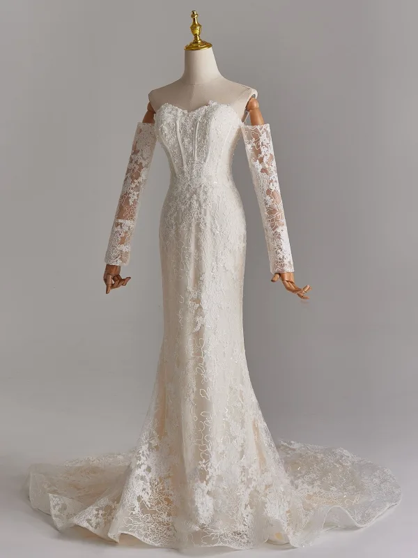 Vintage / Retro White Lace Flower Wedding Dresses 2025 Trumpet / Mermaid Off-The-Shoulder Long Sleeve Backless Sweep Train Wedding