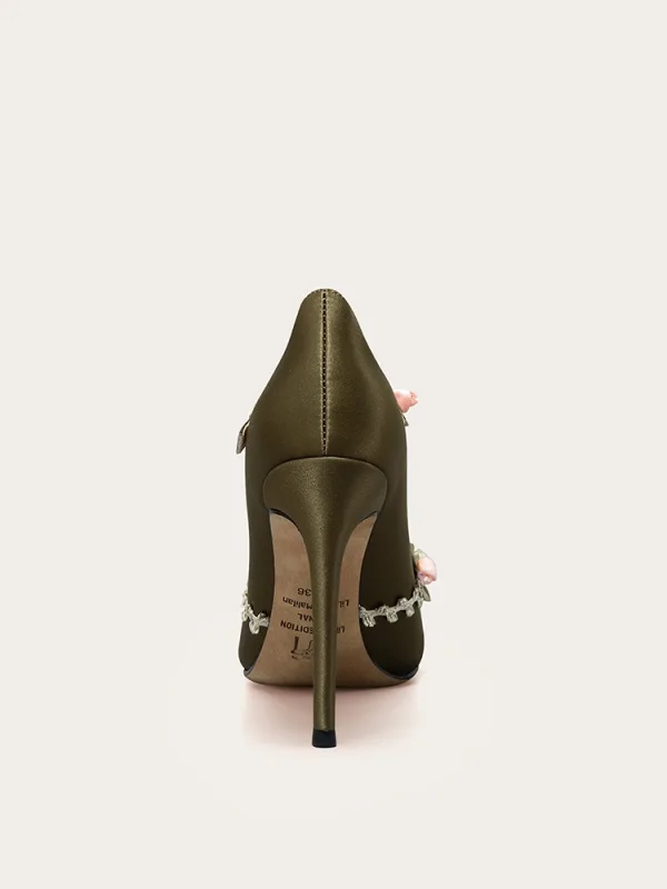 Bloemenfee Klaver Groen Appliques Gala Pumps 2025 Leer X-Strap 10 cm Naaldhakken / Stiletto Spitse Neus Pumps Hoge Hakken