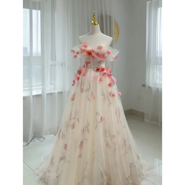 Flower Fairy White Rhinestone Appliques Prom Dresses 2023 A-Line / Princess Off-The-Shoulder Short Sleeve Backless Floor-Length / Long Prom Formal Dresses