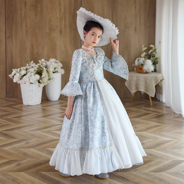 Medieval Sky Blue Printing Birthday Flower Girl Dresses 2023 A-Line / Princess Scoop Neck Pearl Bow Bell sleeves Floor-Length / Long Flower Girl Dresses