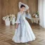 Medieval Sky Blue Printing Birthday Flower Girl Dresses 2023 A-Line / Princess Scoop Neck Pearl Bow Bell sleeves Floor-Length / Long Flower Girl Dresses